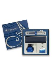 Waterman Expert Made in France DLX Blue CT fountain pen gift box with case, ink, converter and refill.