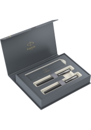 Experience the elegance of writing with the Parker Vector XL Fountain Pen and Roller Set, crafted in France with a sleek black satin metallic lacquer finish and chrome-plated accessories. The set features a transparent grip, a stainless steel tip with fine engraving, and a two-channel ink supply system for the fountain pen. Packaged in an exquisite gift box, this set is the perfect balance of style and functionality, making it an ideal gift for any occasion.