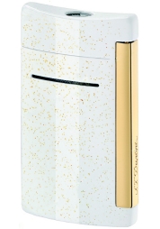 Discover the Minijet White Glitter and Yellow Lighter - a compact lighter designed to turn heads. This refillable powerhouse, with its adjustable blue flame, delivers reliable performance and fits perfectly in your hand. Crafted from lacquered metal in a brilliant white and gold finish, it's the perfect blend of function and style in a handy 3.3x5.5x1.2cm size.